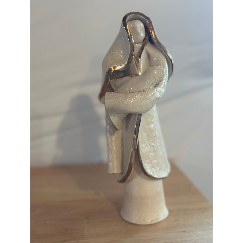 Mid Century Studio Pottery Mother and Child Figurine Gold Trim Slip Cast Cream